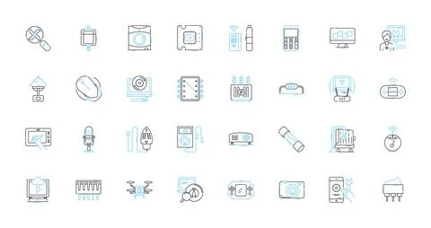 Technological tools linear icons set. Innovation, Gadgets, Cybersecurity Illustrazione stock