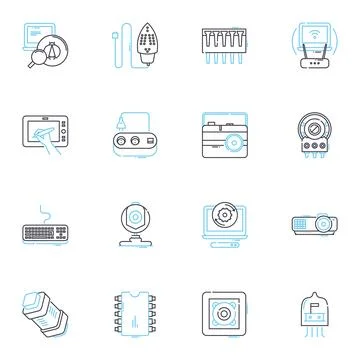 Technological tools linear icons set. Innovation, Gadgets, Cybersecurity Stockillustratie