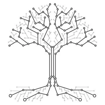 Technological tree in the form of a printed circuit board. Black and white Stock Illustration