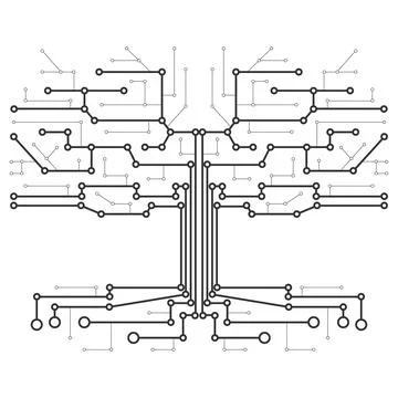 Technological tree in the form of a printed circuit board. Black and white Stock Illustration