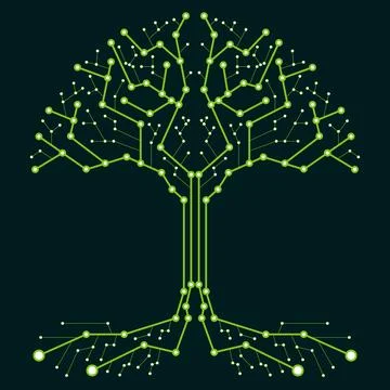 Technological tree in the form of a printed circuit board. Black and white Stock Illustration