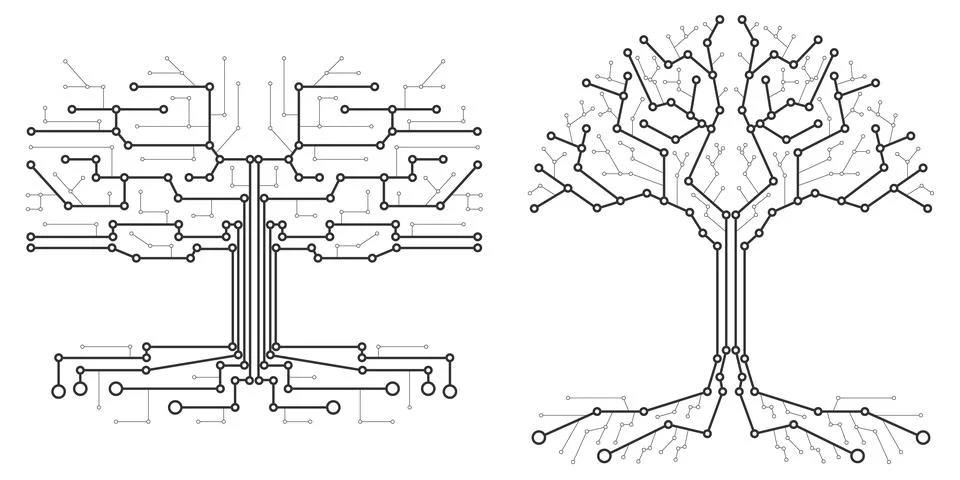 Technological tree in the form of a printed circuit board. Black and white Stock Illustration
