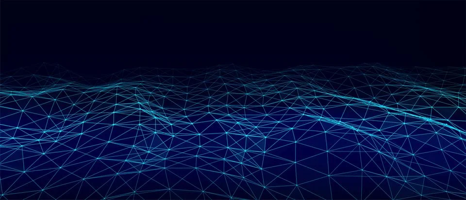 Technological wave of points and lines on a blue background. Vector illustr.. Stock Illustration