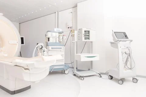 Technologically advanced equipment in CT or MRI Scan room. Modern hospital Stock Photos
