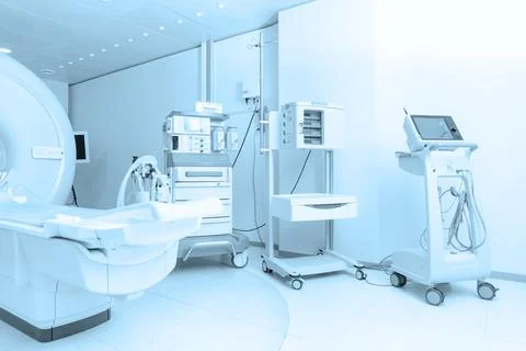 Technologically advanced equipment in CT or MRI Scan room. Modern hospital Stock Photos