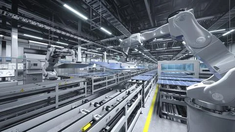 Technologically advanced robot arm in cutting edge solar panel, 3D illustration Stockfoto's