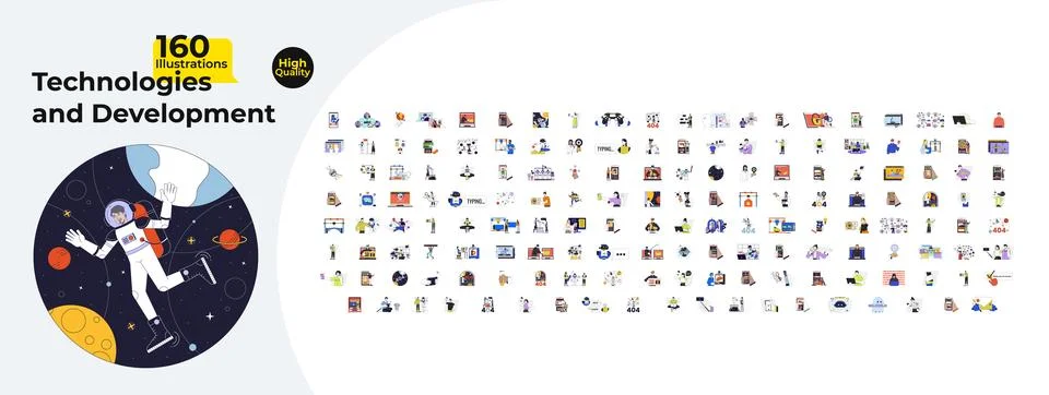 Technologies and development cartoon flat illustrations mega bundle Stock Illustration