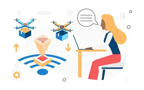 Technologies for delivery of goods, sending orders via drones. Stock Illustration