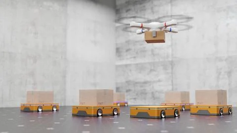 Technologies of the future 3D concept. AGV robots, UAVs delivering cardboar.. 스톡 일러스트