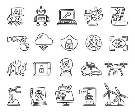 Technologies set in outline line art Stock Illustration