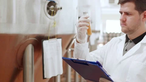 A technologist at a brewery performs quality control Stock Footage 158264955