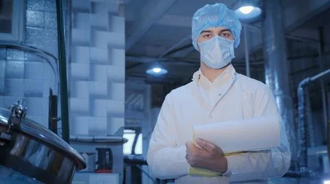 A technologist in a mask poses in front of the camera in a production workshop Stock Photos