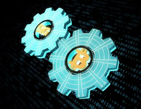 Technology 5G network and Bitcoin gear, security and contact Stock Illustration