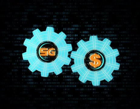 Technology 5G network and dollar gear, security and contact Stock Illustration