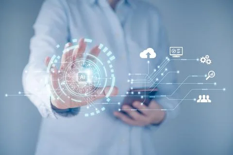 Technology abstract background with hand touching complex circular diagram on Stock Photos