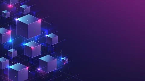 Technology abstract digital network background with glowing cubes in purple.. Stock Illustration