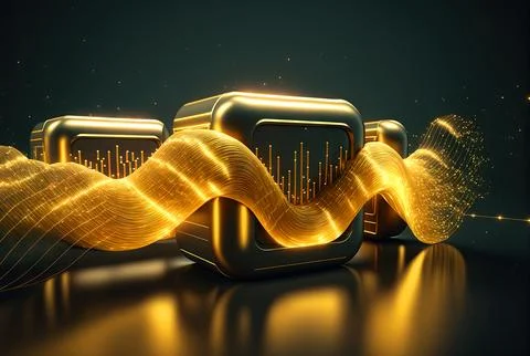 Technology abstract with shiny data wave flow. Science concept with glowing Stock Illustration