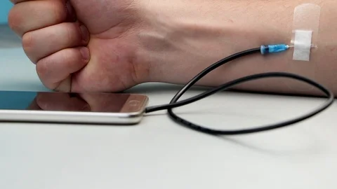 A technology addict. The concept of dependence on the smartphone, phone. The pul Stock Footage 99674261