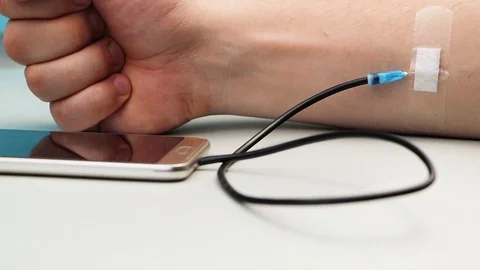 A technology addict. The concept of dependence on the smartphone, phone. The pul Video stock 99674270