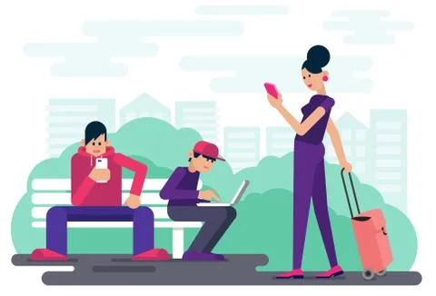 Technology addicted people browsing digital devices while spending time in city Illustration