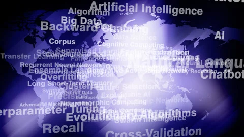 Technology ai algorithm inscription on world map exploring deep learning neural Stock Footage 270189955