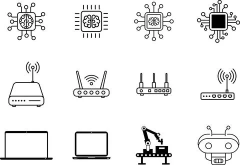 Technology AI icons set - robot, chip, robotic arm, artificial intelligence Stock Illustration