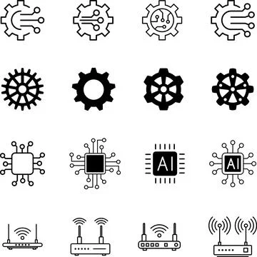 Technology AI icons set - robot, chip, robotic arm, artificial intelligence Stock Illustration