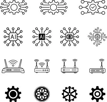 Technology AI icons set - robot, chip, robotic arm, artificial intelligence Stock Illustration