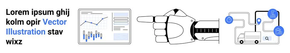 Technology, AI, robotics, data analysis, automation, logistics. Graph display 库存插图