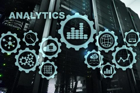Technology Analytics concept on virtual screen. Big data with graph icons on a Stock Photos