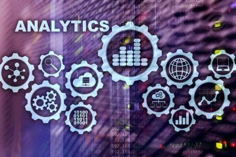 Technology Analytics concept on virtual screen. Big data with graph icons on a Stock Photos