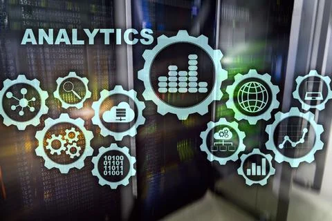 Technology Analytics concept on virtual screen. Big data with graph icons on a Stock Photos