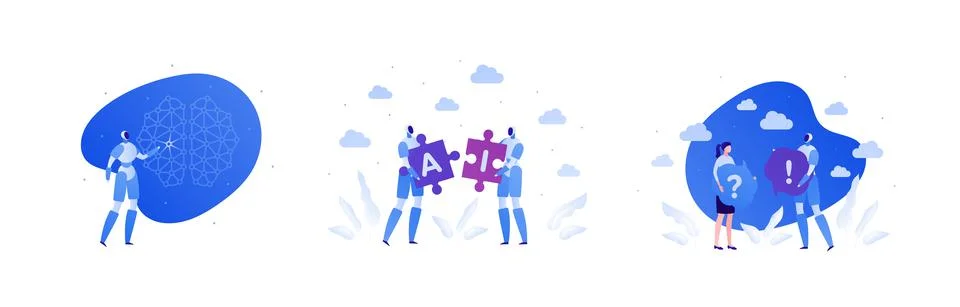 Technology and artificial intelligence concept. Vector flat illustration set. Stock Illustration