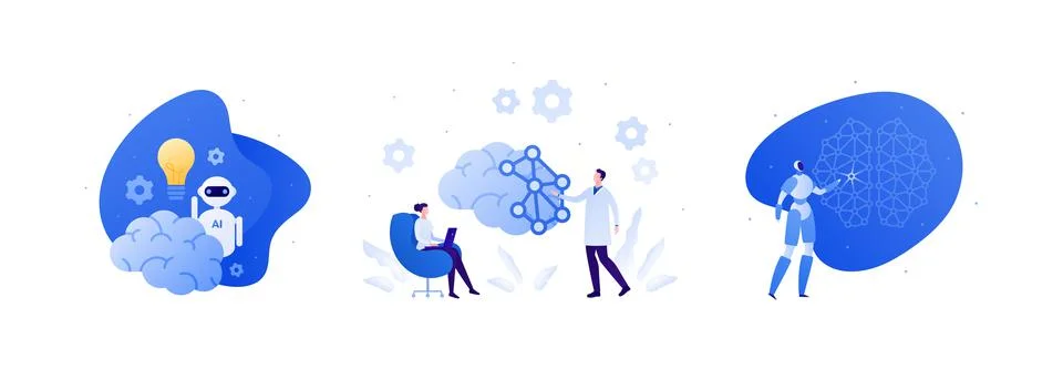Technology and artificial intelligence concept. Vector flat illustration set. Stock Illustration