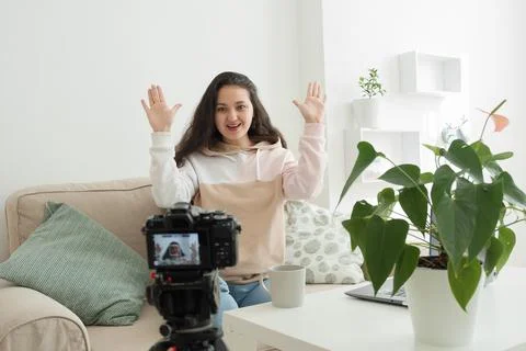 Technology and blogging concept. African woman recording video concent for her Stock Photos