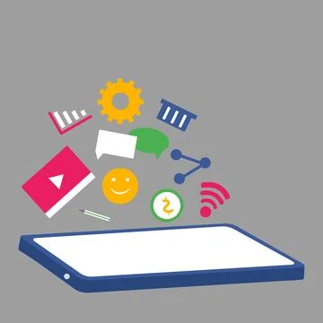 Technology and business workflow. Gear, shopping cart, connection, graph, a.. Stock Illustration