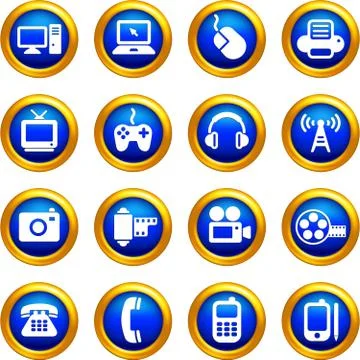 Technology and communication icons on  buttons with golden borde 스톡 일러스트