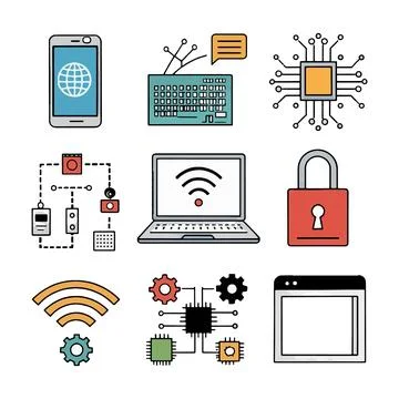 Technology and Cybersecurity Icons Set Stock Illustration