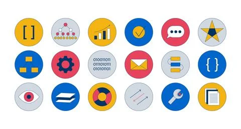 Technology and data 2D cartoon round stickers objects set Illustrazione stock