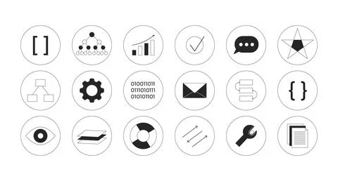 Technology and data 2D line round stickers objects set Illustrazione stock