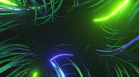 Technology and data transfer concept. Moving neon wires on a black background Illustrazione stock