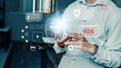 Technology and deep fake concept with a person holding a smartphone and virtual Stock Photos