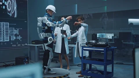Technology and Development Laboratory Engineers Testing Exoskelet on Man Stock Footage 136595199