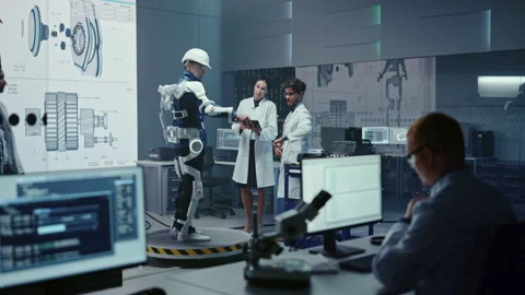 Technology and Development Laboratory Engineers Testing Exoskelet on Man Stock Footage 136595242