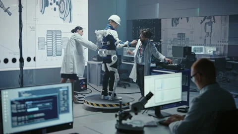 Technology and Development Laboratory Engineers Testing Exoskelet on Man Stock Footage 136595317