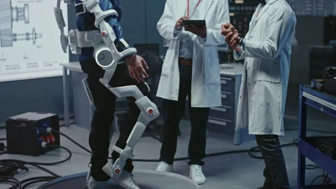 Technology and Development Laboratory Engineers Testing Exoskelet on Person Stock Footage 136595492
