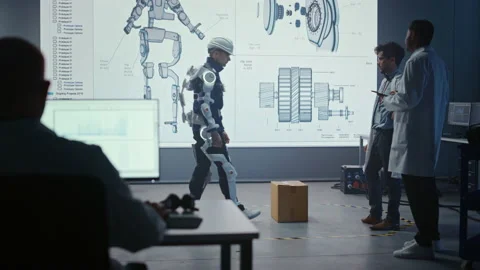 Technology and Development Laboratory Engineers Testing Exoskelet on Person Stock Footage 136595758