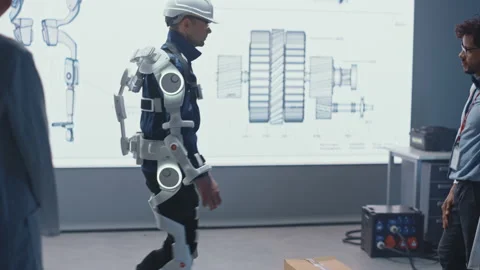 Technology and Development Laboratory Engineers Testing Exoskelet on Person Stock Footage 136595767