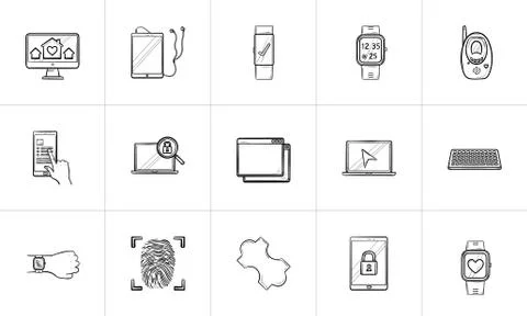 Technology and gadgets hand drawn outline doodle icon set. Stock Illustration
