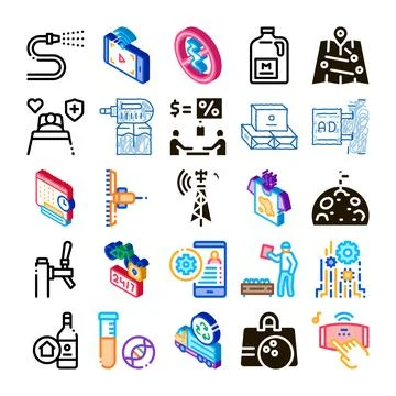 Technology and industry development isometric vector icon set Stock Illustration